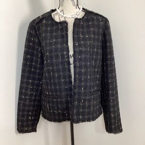 Halogen Women’s Black with Gold Thread Plaid Open Tweed Blazer with Fringes